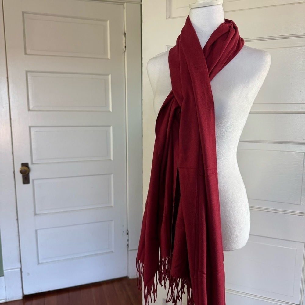 Luxurious Deep Red Fringe Wrap Scarf – 25” x 70”